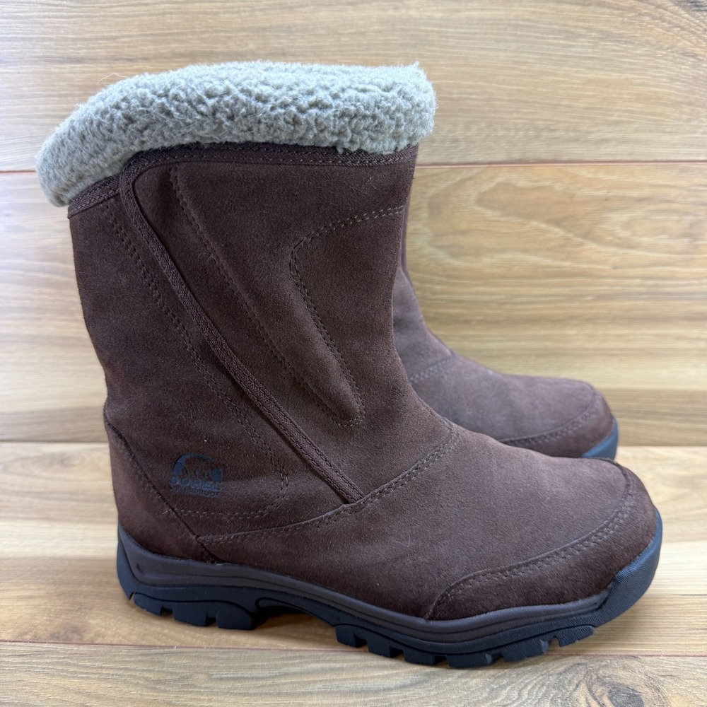 Sorel Waterfall Snow Boots Womens 9 Dark Brown Suede Zip Faux Sherpa Gorpcore